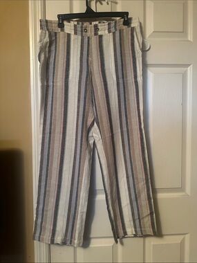 Per Se Striped Straight-Leg Linen Blend Pants in White, Beige & Blue